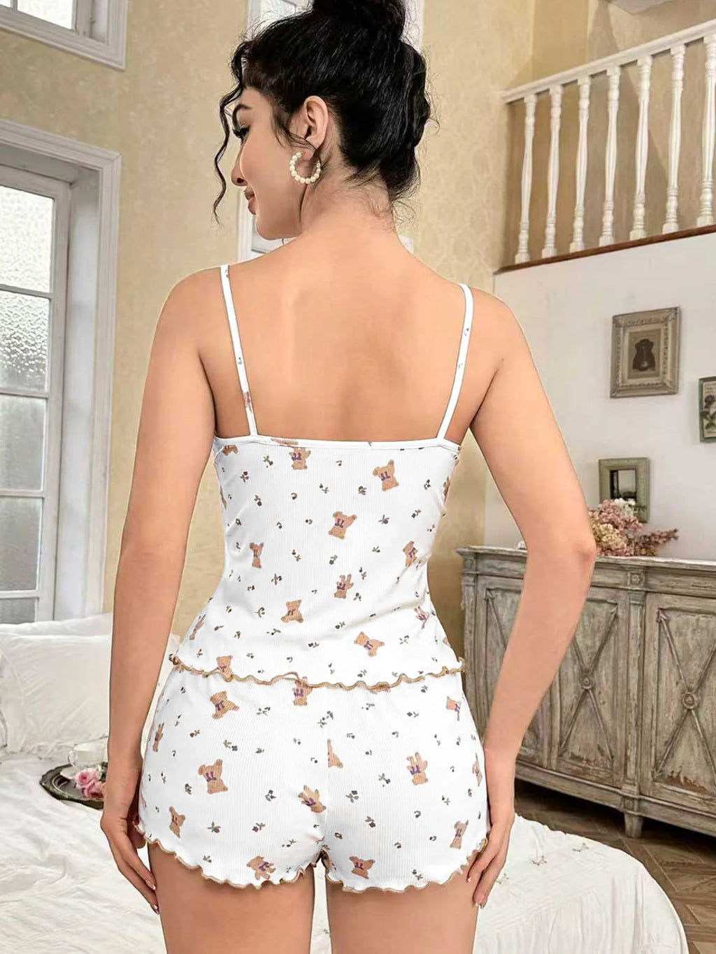 Y2K Cute Teddy Bear Ribbed Pajama Set Womens Cami Top and Shorts Two Piece Loungewear Lace Trim Lettuce Hem Sleepwear Bow New