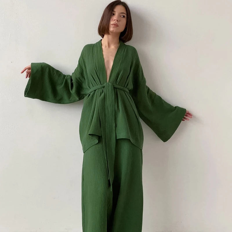 French loose fitting nightgown set with double-layer gauze women's sleepwear, solid color pure cotton women's sweatshirt