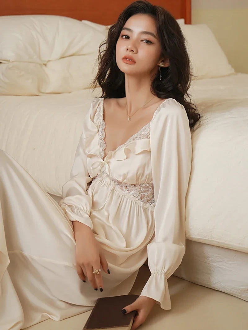 Ladies French Vintage Princess Sleepwear Women Spring Autumn Long Silk Pajama Nightdress Fairy Ruffles Lace Victorian Nightgowns