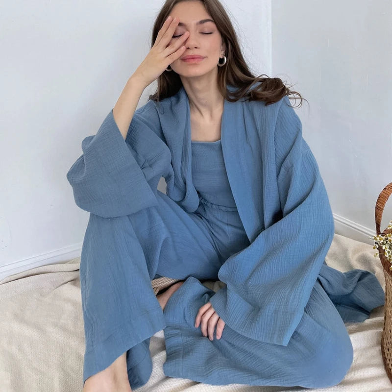 French loose fitting nightgown set with double-layer gauze women's sleepwear, solid color pure cotton women's sweatshirt